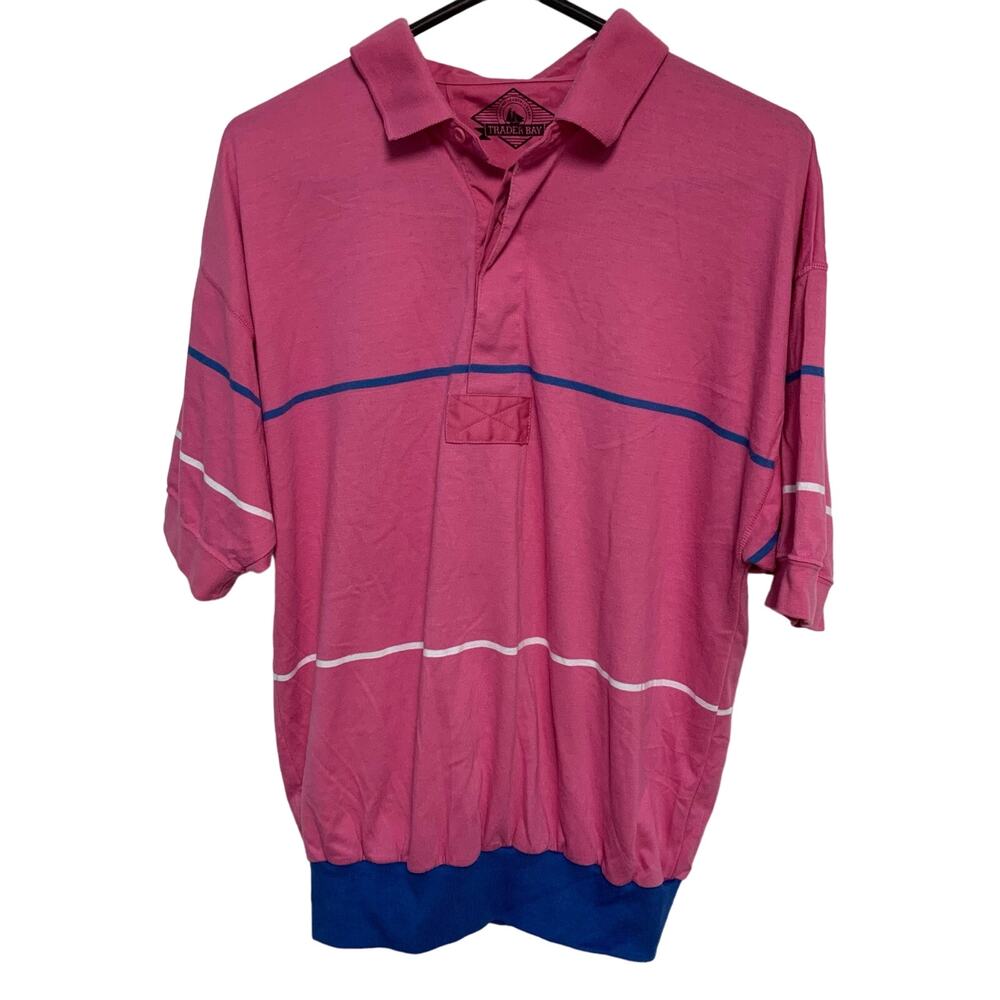 Trader Bay Vintage Men's Pink Striped Polyester Blend Retro Polo Shirt Size L